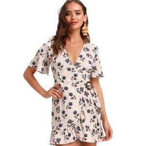 Lulus JOA Cascade Bohemian Cream Floral Ruffled Wrap Flutter Sleeves Dress